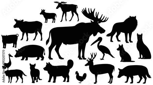 Vector, black, silhouette, set, of, various, wild, and, domestic, animals, including, moose, elk, wolf, deer, pig, cat, dog, and, rooster, for, nature, and, farm, design (25 words)