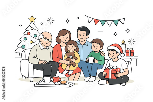 Multi al holiday gathering. Grandparents, parents, and children sharing a calm festive moment together, seated comfortably in a