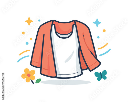 Light spring clothing airy layering idea with a cardigan draped over a basic top, enhanced by gentle decorative dots and flowing lines that