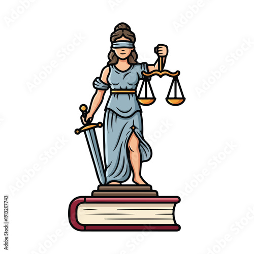 Illustration of Lady Justice standing on a law book holding a sword and scales