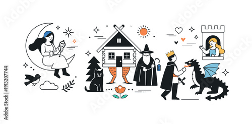 Modern Folklore Illustration. Folklore through modern illustration. A clean editorial scene reimagining traditional tales with simple shapes and contemporary