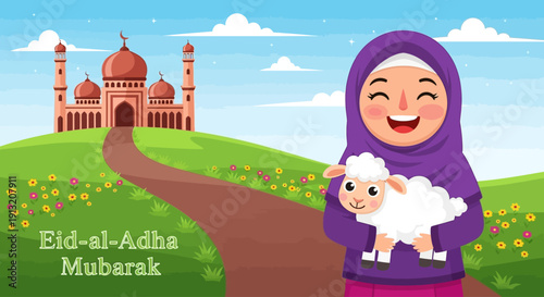 A young girl in a purple hijab standing with a lamb in a field near a historical mosque on Eid al-Adha