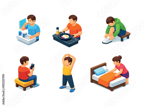Daily Routine Icons. Daily routine. Isometric flat vector icons set of daily routine: person brushing teeth, person cooking breakfast, person tying shoes,