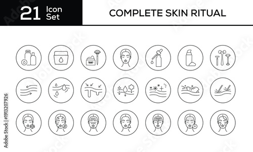 Skincare routine and face condition line icons set

