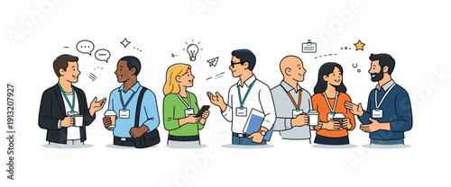 Networking moments. Small groups of participants talking during a conference break, name badges visible, relaxed interaction. Editorial scene
