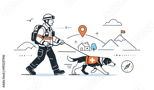 Rescue Team in Action. Search and rescue mission. A rescue worker guiding a trained dog through a simplified landscape, calm focus and determination. Editorial