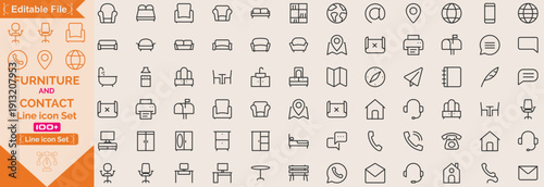 Furniture and Contact home interior elements - thin line web icon set. Outline icons of kitchen, living room, bedroom and office collection