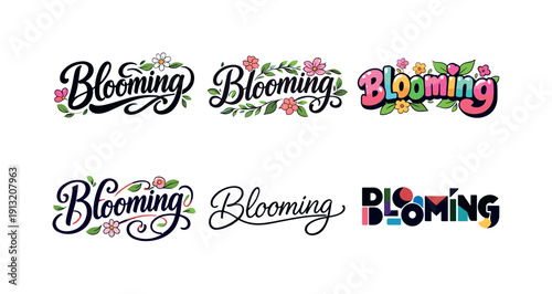 Blooming calligraphy. Set lettering. harmonious lettering variations of the same emblematic concept, each with different artistic