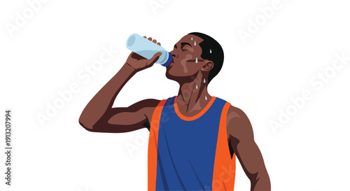 Illustration of a young man drinking from a water bottle while wearing a blue and orange sports jersey against a clean white background.