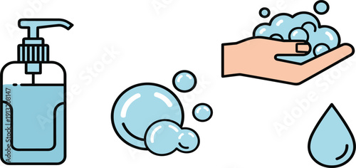 Hand washing and hygiene set with liquid soap dispenser, soapy bubbles and hand cleaning vector illustration isolated on white background.