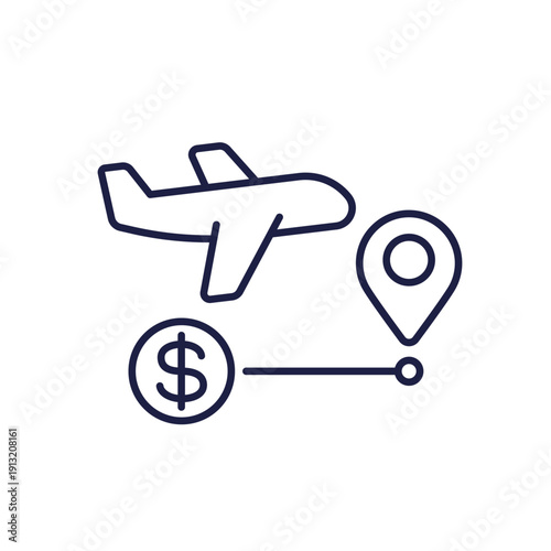 flight cost line icon with a plane and route