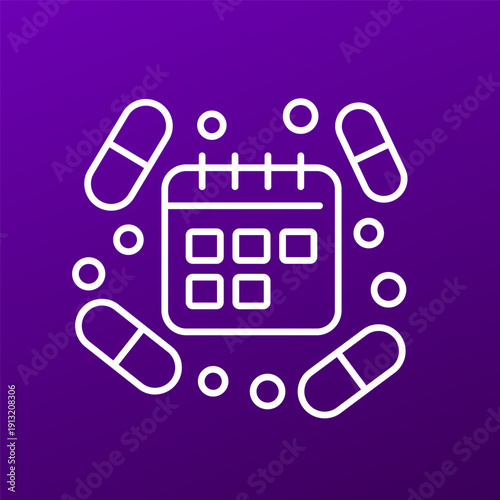 medication schedule icon with pills and calendar, line vector design