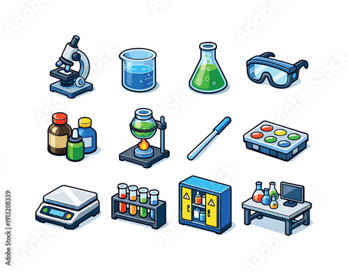 Laboratory chemistry. Colorful isometric vector icons set of laboratory chemistry: microscope, lab beaker, conical flask, safety goggles,