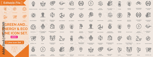 Big ESG line icons mega collection. Environmental, Social, Governance, solar panels, recycling, green city, ecology, renewable energy, energy efficiency, net zero, big UI icon set. Editable stroke