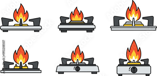 Kitchen gas stove burner set with blue and orange fire flames, domestic cooking equipment and natural gas energy vector illustration isolated on white background.
