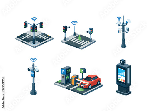 Urban technology. Isometric flat vector icons set of urban technology: smart traffic light intersection, connected pedestrian crossing, city