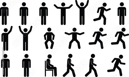 Black silhouette icons of people in various poses and actions Keywords: people icons, silhouette, stick figures, human figures
