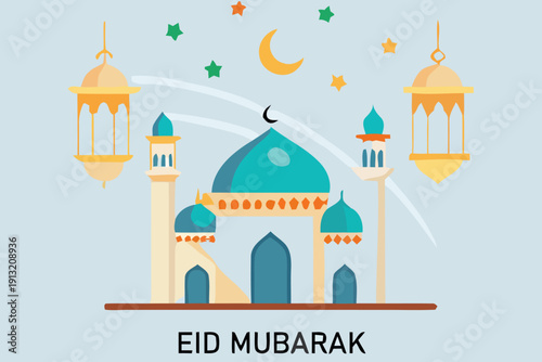 Eid Mubarak Mosque Illustration with Crescent Moon and Stars