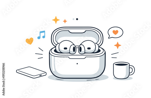 Wireless earbuds simplicity. Clean editorial scene showing wireless earbuds resting in an open charging case, soft curves and balanced