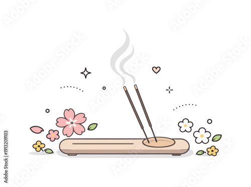 Incense sticks spring. A minimal incense holder with thin incense sticks and a gentle stream of smoke rising, surrounded by small spring