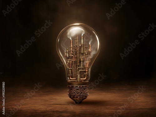 Steampunk style light bulb with industrial cityscape inside glass