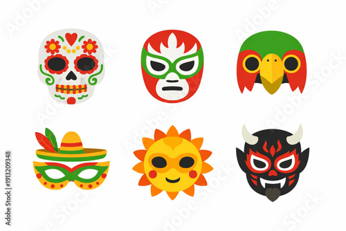 A vibrant collection of colorful masks and symbols for Dia de los Muertos celebrations