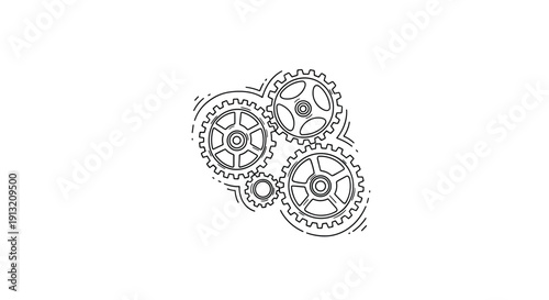 Group of interlocked gear wheels or cogs shown in a hand drawn technical sketch style to represent machinery and cooperation.