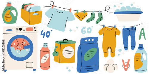 Laundry Routine Set with Cleaning Elements. Set featuring washing machine, clothes, detergent, and household cleaning items, ideal for home care, laundry services, and hygiene concept