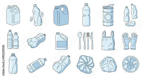 Large set of plastic waste items including bottles containers bags and cutlery to raise awareness about environmental pollution.