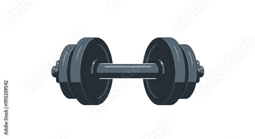 Heavy metal dumbbell for weightlifting and bodybuilding shown in dark grey with a realistic shine on a plain background.