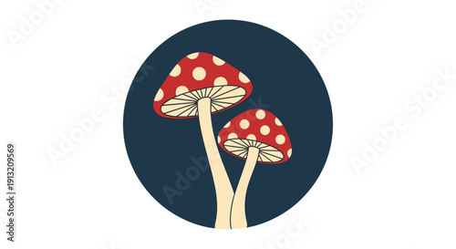 Two mushrooms with red spotted caps in a dark blue circle icon representing forest life and nature in a cute graphic style.