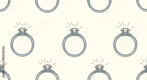 Pattern of elegant silver diamond engagement rings with shining stones and radiating lines on a light cream background.