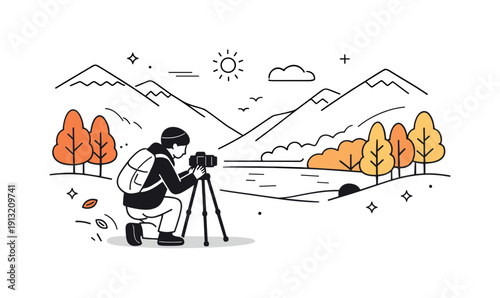 Autumn Photography Scene. Fall colors in nature photography. A photographer adjusting a camera tripod in a mountain valley with autumn trees, calm preparation