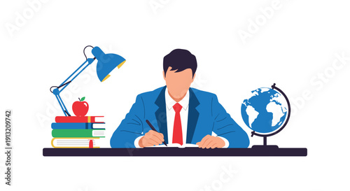 Focused professional man in a formal blue suit sitting at a dark desk writing in a book next to a globe and a stack of books.