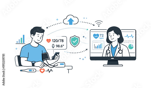 Telemedicine illustration pack. A patient measuring vital signs at home while data flows to a doctor on a screen, suggesting remote