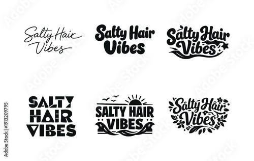 Salty Lettering Styles. Salty hair vibes. Set lettering. harmonious lettering variations of the same emblematic concept, each with different artistic