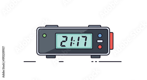 Modern digital alarm clock with a grey case displaying the time 21:17 in glowing blue digits on a minimal electronic interface.