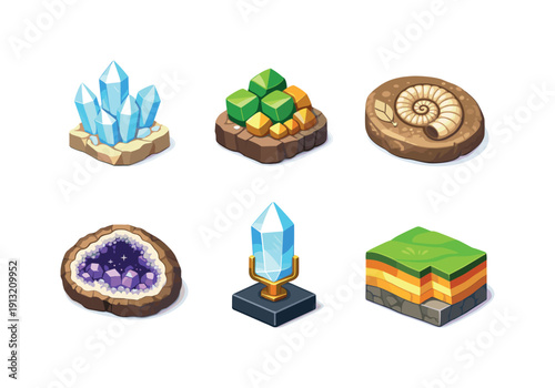 Geology. Isometric flat vector icons set of Geology: rock crystal sample, mineral specimen, fossil stone, geode half, crystal on stand,