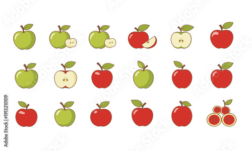 A vibrant collection of diverse apple illustrations, showcasing various shades of red and green, whole and sliced varieties, with subtle leafy accents