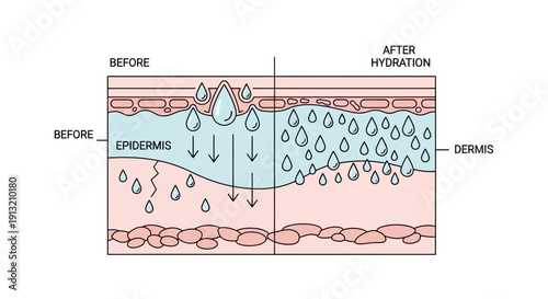 Diagram illustrating skin hydration showing moisture absorption in epidermis and dermis before and after