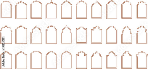 Set of Colorful arab islamic frames, Oriental arabesque windows or doors arch for arabic decoration, Ramadan kareem silhouette shapes, muslim geometric banner vector.