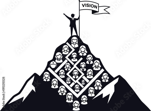 Triumphant figure standing on a mountain of skulls waving a flag