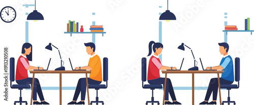 Illustration of two pairs of coworkers working at desks in an office setting