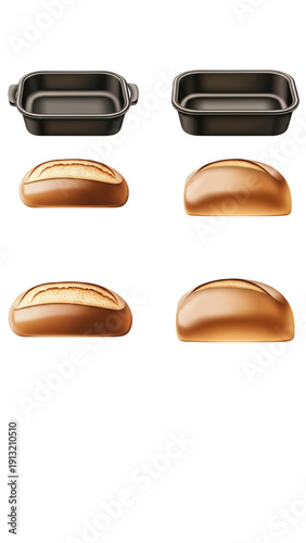 Baking pans and bread loaves in various stages of baking Isolated on a Transparent Background