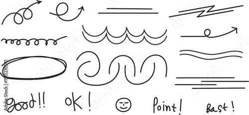 Hand drawn doodle elements arrows lines waves text and symbols on transparent background