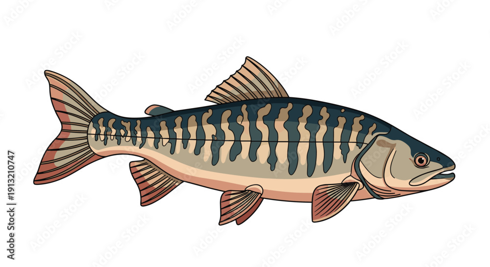 Obraz premium Side profile illustration of a trout fish with detailed spots and stripes swimming in its natural freshwater habitat.