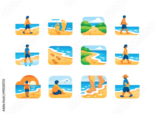 Seaside walk. Colorful flat vector icons set of seaside walk: walking by shore, footprints near water, calm beach path, slow ocean walk,