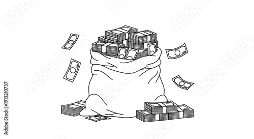 Overflowing white sack full of hundred dollar bills with loose cash notes flying around it representing wealth and fortune.