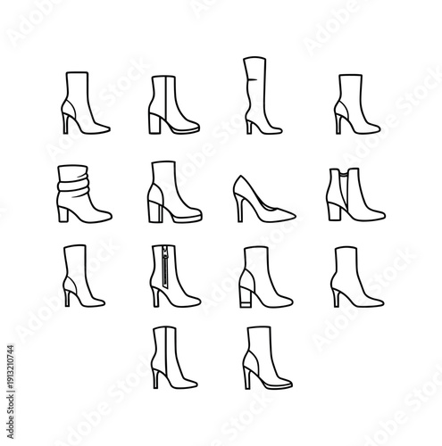 Women's Boot Icons. Women Boots. Line icon set of Women Boots: stiletto boots, block heel boots, over the knee boots, sock boots, slouchy boots, platform heel