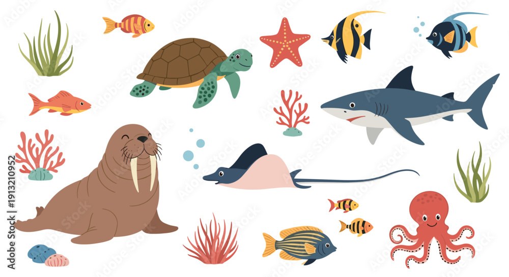 Fototapeta premium Comprehensive collection of marine creatures including a walrus, shark, turtle, octopus, and tropical fish on a white background.